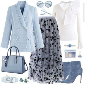 NWOT Chicwish 3D POSY LINED DOUBLE-LAYERED MESH MIDI SKIRT IN DUSTY BLUE XS